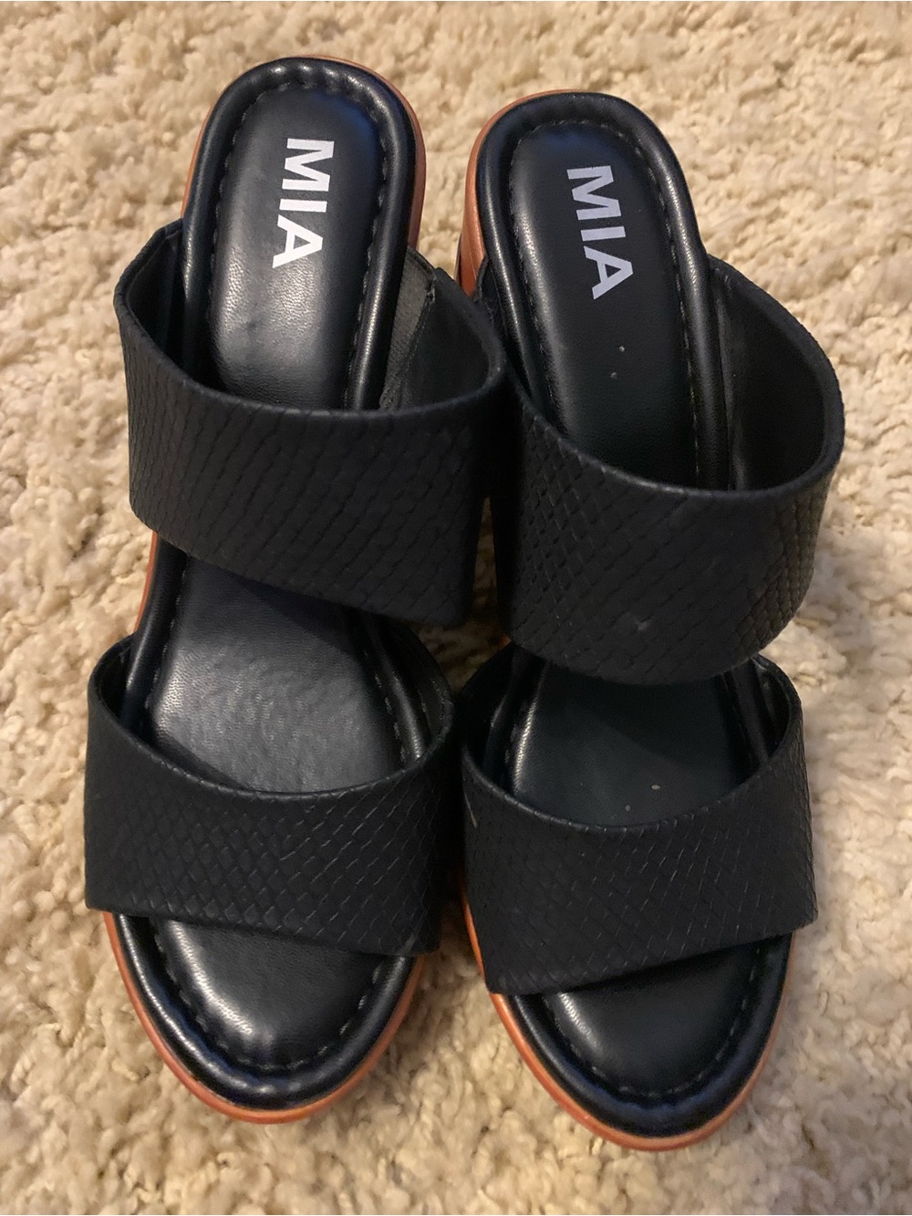 MIA Black Double-Band Slide Mules with Brown Trim